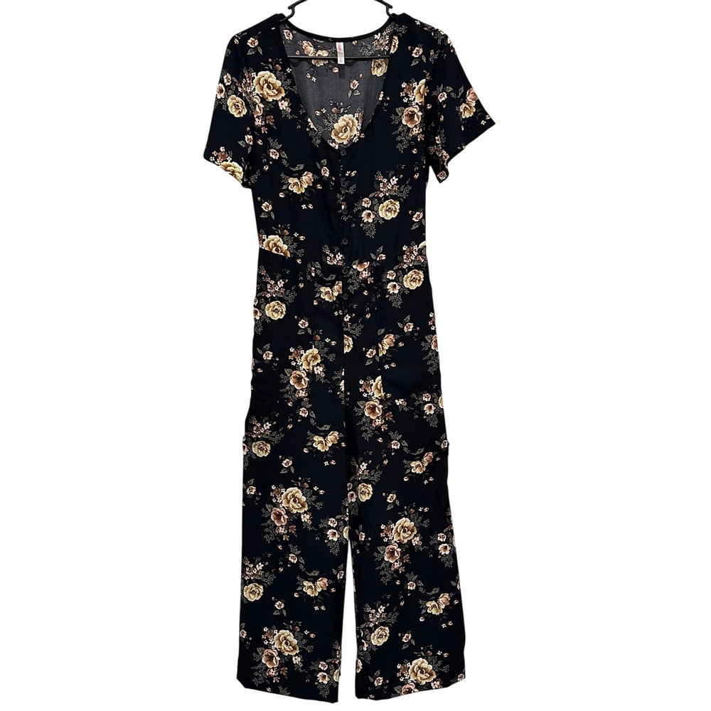 Xhilaration Womens Floral Button Front Wide Leg Jumpsuit Navy Blue Small 582